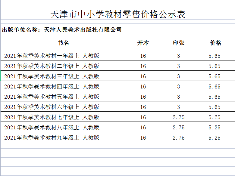 天津市中小学教材零售价格公示表